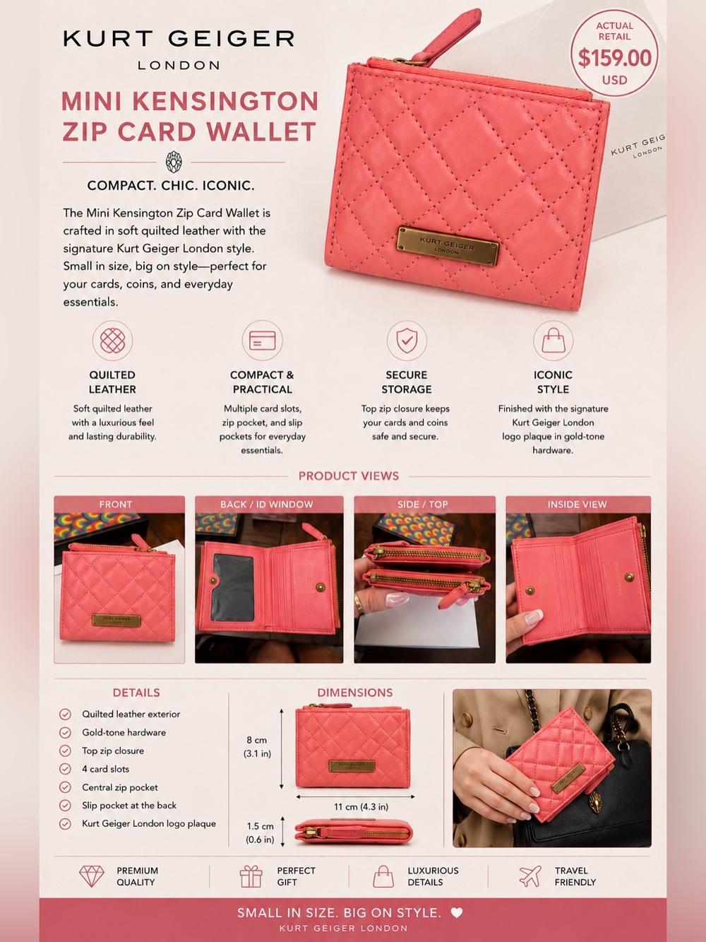 Kurt Geiger Coral Quilted Mini Zip Card Wallet NWT & BOX